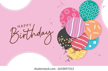 Happy birthday greeting card clipart banner design. Birthday greeting text with colorful Balloons and confetti decoration for invitation and greeting card
