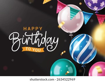 Happy birthday greeting card clipart design. Birthday greeting text in black background with pennants and colorful balloons clip art invitation card template vector illustration.
