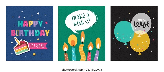 Happy birthday greeting card clipart poster set. Birthday wishes with candles, balloons and sticker cake flat elements clip art collection in colorful texture background vector illustration.
