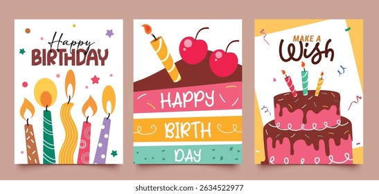 Happy birthday greeting card clipart poster set. Birthday greeting and wishes in colorful cake and candles clip art collection in abstract background for invitation card template vector illustration.
