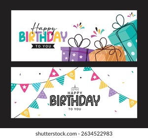 Happy birthday greeting card clipart banner set. Birthday greeting text with colorful gift box and pennants festive decoration for invitation card banner template clip art collection vector 