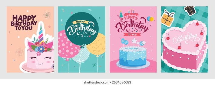 Happy birthday greeting card clipart poster set. Birthday wishes and invitation card clip art collection with unicorn cake, heart and balloons stickers decoration elements vector illustration. 
