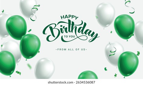 Happy birthday greeting card clipart banner. Birthday invitation and wishes clip art with green and white balloons floating decoration party elements vector illustration. 

