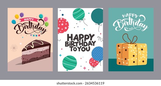 Happy birthday greeting card clipart poster set. Birthday greeting, invitation and wishes template clip art collection with party decoration elements vector illustration. 
