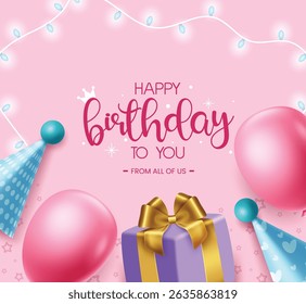 Happy birthday greeting card clipart. Happy birthday to you greeting text in pink background with balloons, gift box and blue lights decoration elements clip art vector illustration.
