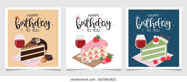 Happy birthday greeting card clipart poster set. Birthday cake slices clip art template collection for wishes and invitation card background vector illustration. 
