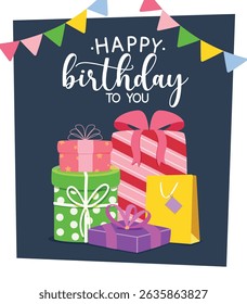 Happy birthday greeting card clipart poster design. Birthday gift boxes colorful elements for wishes and invitation card clip art template vector illustration. 
