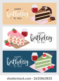 Happy birthday greeting card clipart banner set. Birthday cake slices clip art template collection for wishes and invitation card background vector illustration. 
