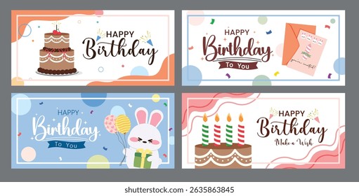 Happy birthday greeting card clipart banner set. Birthday wishes and invitation card clip art with cake, balloons and letters decoration elements collection vector illustration.
