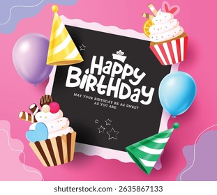 Happy birthday greeting card clipart template. Birthday greeting and wishes text in black frame space clip art with cupcake, party hat and balloons in pink and purple abstract background vector 