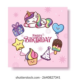 Happy birthday greeting card clipart background design. Birthday girl invitation card clipart with colorful party decoration elements in pink background pattern vector illustration.
