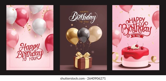 Happy birthday greeting card clipart poster set. Birthday invitation and wishes template clip art collection with balloons floating, gift box and cake decoration elements vector illustration. 
