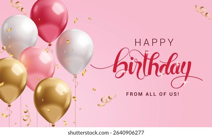 Happy birthday greeting card clipart design. Birthday girl invitation card and wishes clip art with floating balloons in pink background vector illustration. 
