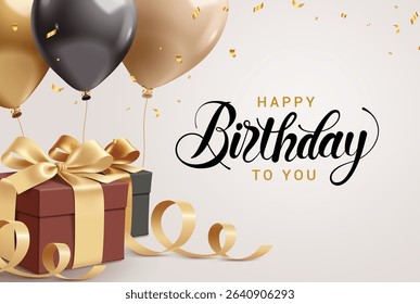 Happy birthday greeting card clipart design. Birthday gift boxes with gold ribbon and balloons floating clip art for elegant invitation card background vector illustration. 
