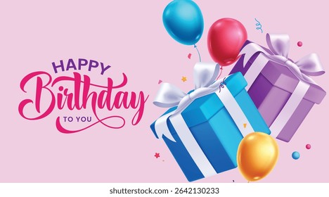 Happy birthday greeting card clipart banner. Birthday gift boxes and balloons decoration elements clip art for party invitation card in pink background vector illustration. 
