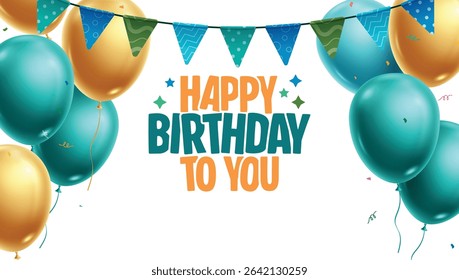 Happy birthday greeting card clipart banner. Birthday invitation clip art with blue and gold balloons floating decoration elements in white background vector illustration. 
