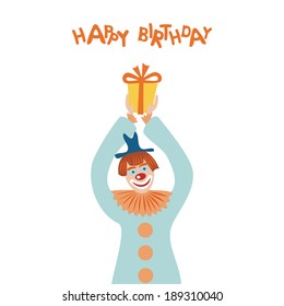 Happy birthday greeting card clown with present vector illustration