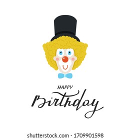 Happy birthday greeting card - clown's head with handwritten text