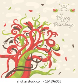 Happy birthday greeting card with colored tree. Vector illustration