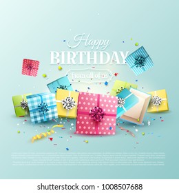 Happy birthday greeting card with colorful gift boxes on blue background