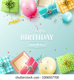 Happy birthday greeting card with colorful gift boxes on blue background