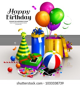 Happy birthday greeting card. Colorful wrapped gift boxes. Lots of presents and toys. Party balloons, hat, confetti, candies, photo frames, balls on the floor. Vector.