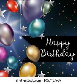 Happy birthday greeting card with colorful balloons and silver stars