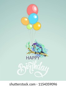 Happy birthday greeting card. colorful balloons and bird  in light background, vector