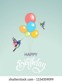 Happy birthday greeting card. colorful balloons and cute bird  in light background, vector