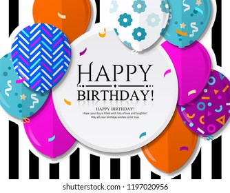 Happy Birthday greeting card with colorful patterned balloons in flat style. Confetti and black stripes on background. Vector.