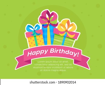 Happy Birthday Greeting card with colorful presents  for holidays flyers, greetings and invitations cards and birthday themed congratulations and banners. Vector illustration