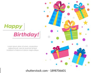 Happy Birthday Greeting card with colorful presents  for holidays flyers, greetings, invitations cards and birthday themed congratulations and banners. Vector illustration on white Background