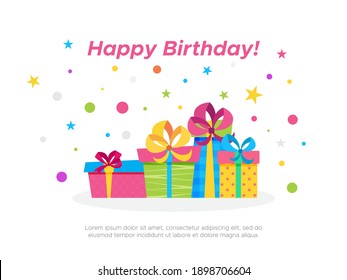 Happy Birthday Greeting card with colorful presents  for holidays flyers, greetings, invitations cards and birthday themed congratulations and banners. Vector illustration on white Background