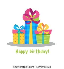 Happy Birthday Greeting card with colorful presents  for holidays flyers, greetings, invitations cards and birthday themed congratulations and banners. Vector illustration on white Background