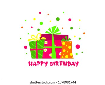 Happy Birthday Greeting card with colorful presents  for holidays flyers, greetings, invitations cards and birthday themed congratulations and banners. Vector illustration on white Background