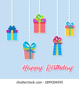 Happy Birthday!. Greeting card with colorful presents  for holidays flyers, greetings and invitations cards and birthday themed congratulations and banners. Vector illustration on blue background