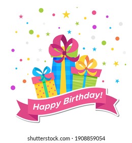 Happy Birthday Greeting card with colorful presents  for holidays flyers, greetings, invitations cards and birthday themed congratulations and banners. Vector illustration on white Background