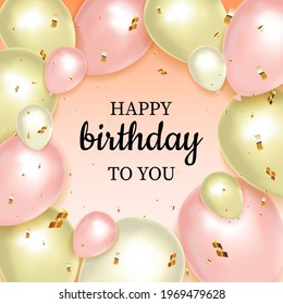 Happy Birthday greeting card with colorful ballons and golden confetti on pink gradient background. Vector illustration