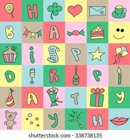 Happy birthday greeting card. Colorful pattern in vector. Pastel illustration with attributes of celebration.