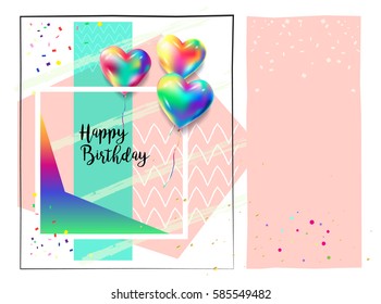 Happy Birthday greeting card with colorful balloons background and confetti. Holiday festive poster. Vector illustration.