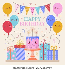Happy Birthday greeting card concept with cute kawaii cake, cartoon balloons, confetti, colorful garland, gift ribbon tie boxes and text. Birthday party invitation postcard with funny characters.
