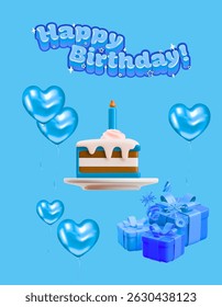 Happy birthday greeting card with congratulation cake, balloons, gifts on blue background. ( original illustration, not AI Generated )