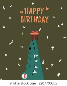 Happy Birthday greeting card with Crocodile and Gift. Ideal for posters, postcards, invitations, and banners.