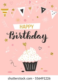 Happy Birthday Greeting Card With Cupcake And Text