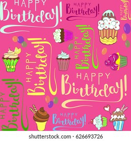 Happy Birthday Greeting Card with cupcakes. Vector Illustration eps 10