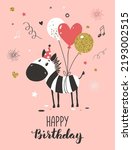 Happy birthday greeting card with cute zebra and air baloons. Vector illustration