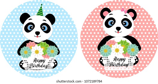 Happy Birthday greeting card with cute panda bears
