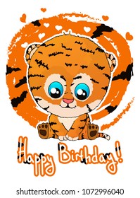 happy birthday greeting card with cute cartoon tiger cub.