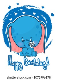 happy birthday greeting card with cute cartoon elephant.