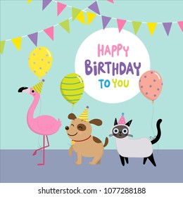 Happy Birthday greeting card with cute flamingo, dog and cat